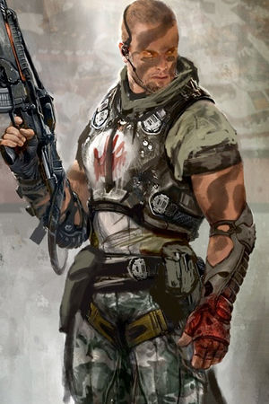 A human Bounty Hunter in armour and holding an assault rifle.