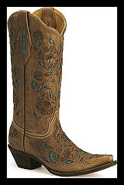 Brown cowboy boots with turquoise inlay